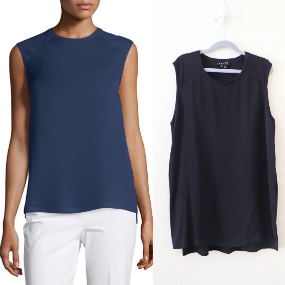 Theory Size S Roliet Modern Silk Satin & Jersey Mixed Tank Top Navy Blue Black